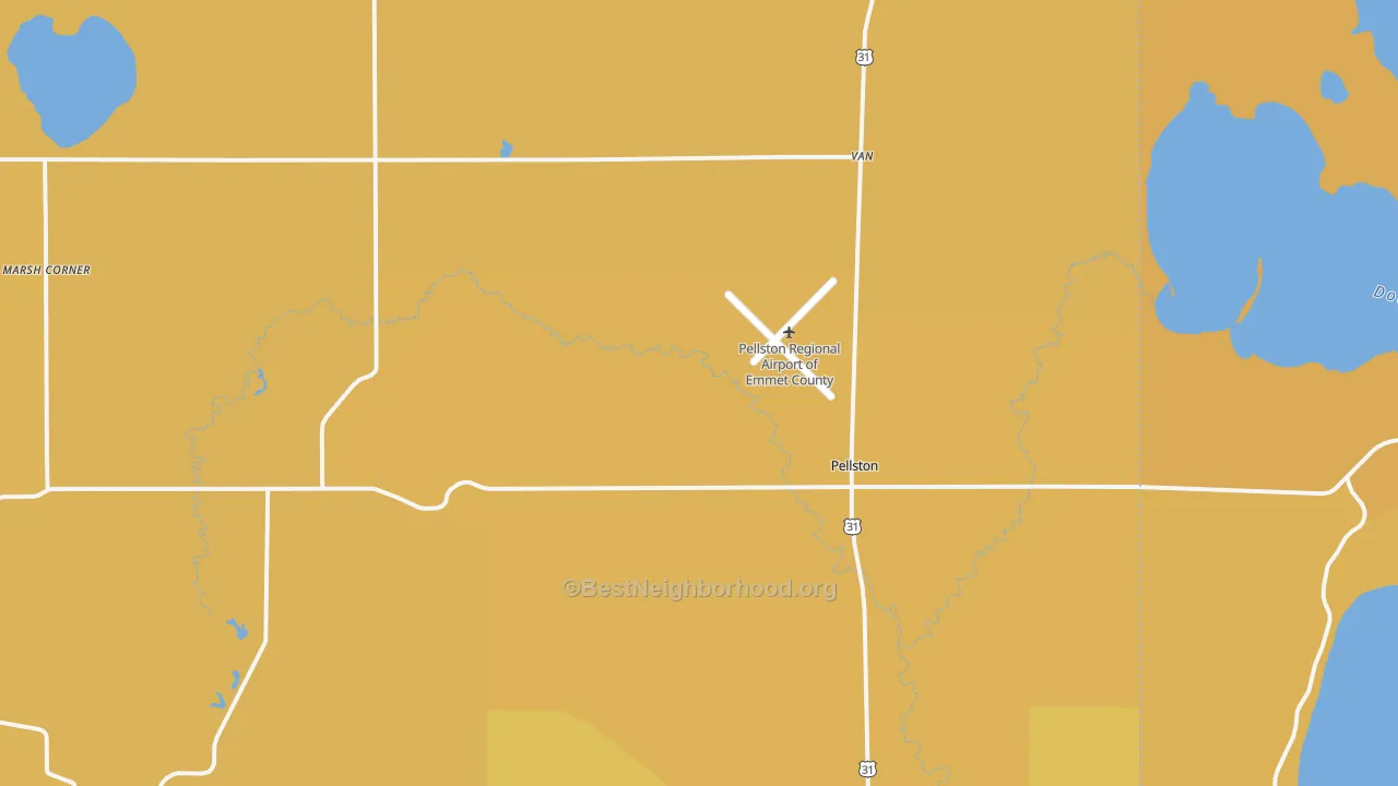 Map of the best neighborhoods in the 49769 area, with better matches in green and worse matches in red