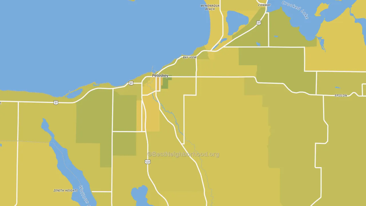 Map of the best neighborhoods in the 49770 area, with better matches in green and worse matches in red