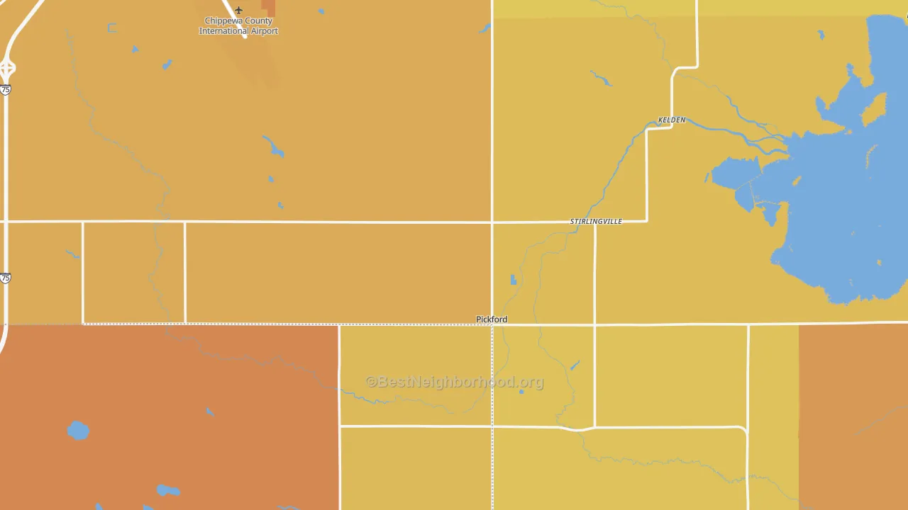 Map of the best neighborhoods in the 49774 area, with better matches in green and worse matches in red