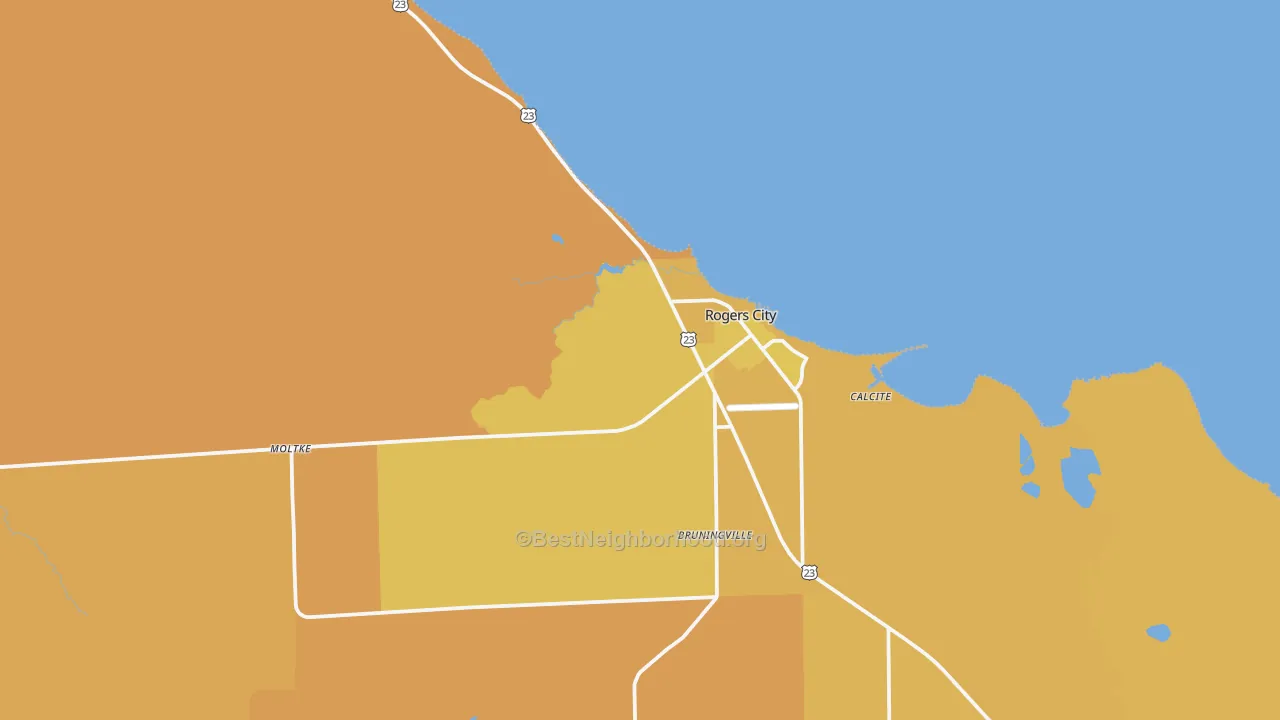 Map of the best neighborhoods in the 49779 area, with better matches in green and worse matches in red