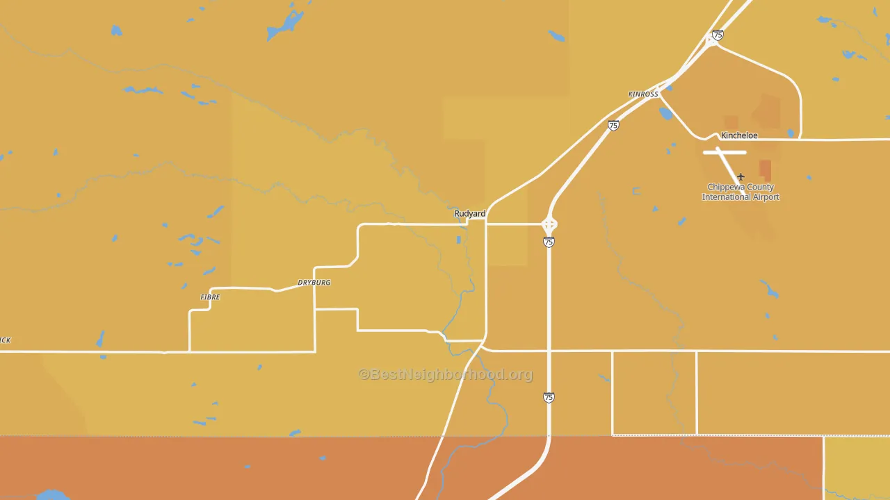 Map of the best neighborhoods in the 49780 area, with better matches in green and worse matches in red