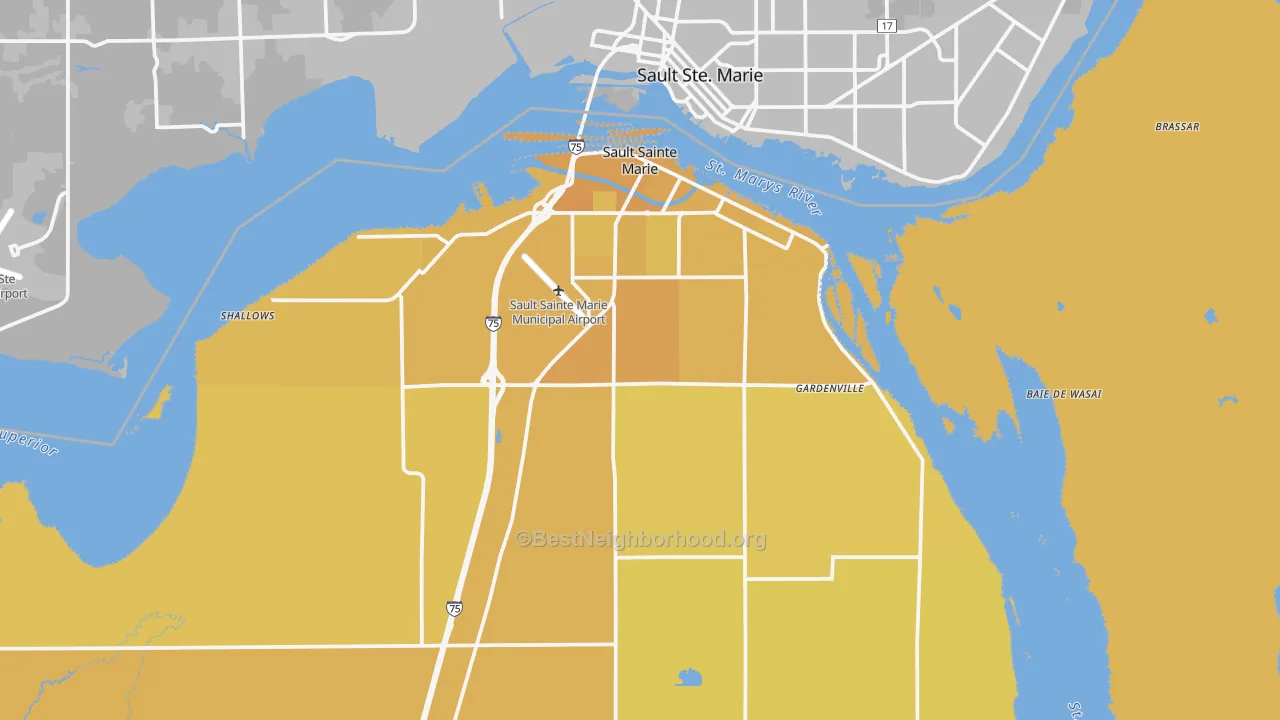 Map of the best neighborhoods in the 49783 area, with better matches in green and worse matches in red