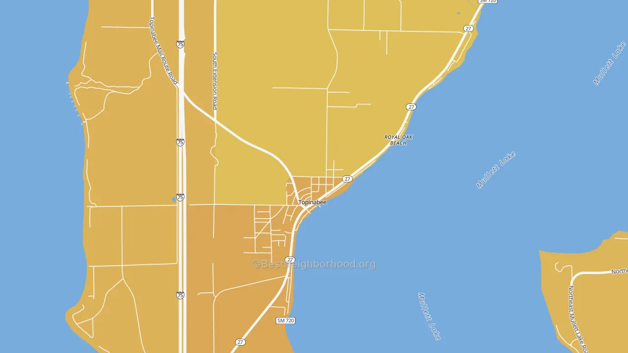 Map of the best neighborhoods in the 49791 area, with better matches in green and worse matches in red