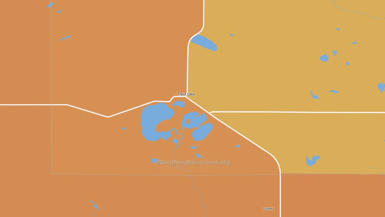 Map of the best neighborhoods in the 49793 area, with better matches in green and worse matches in red