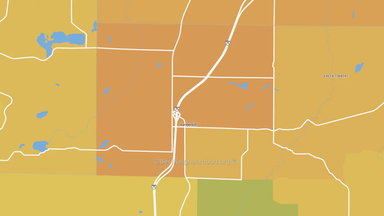 Map of the best neighborhoods in the 49795 area, with better matches in green and worse matches in red