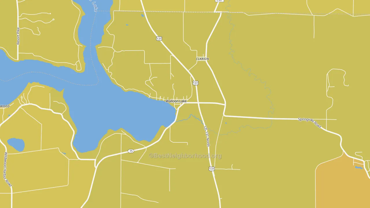Map of the best neighborhoods in the 49796 area, with better matches in green and worse matches in red