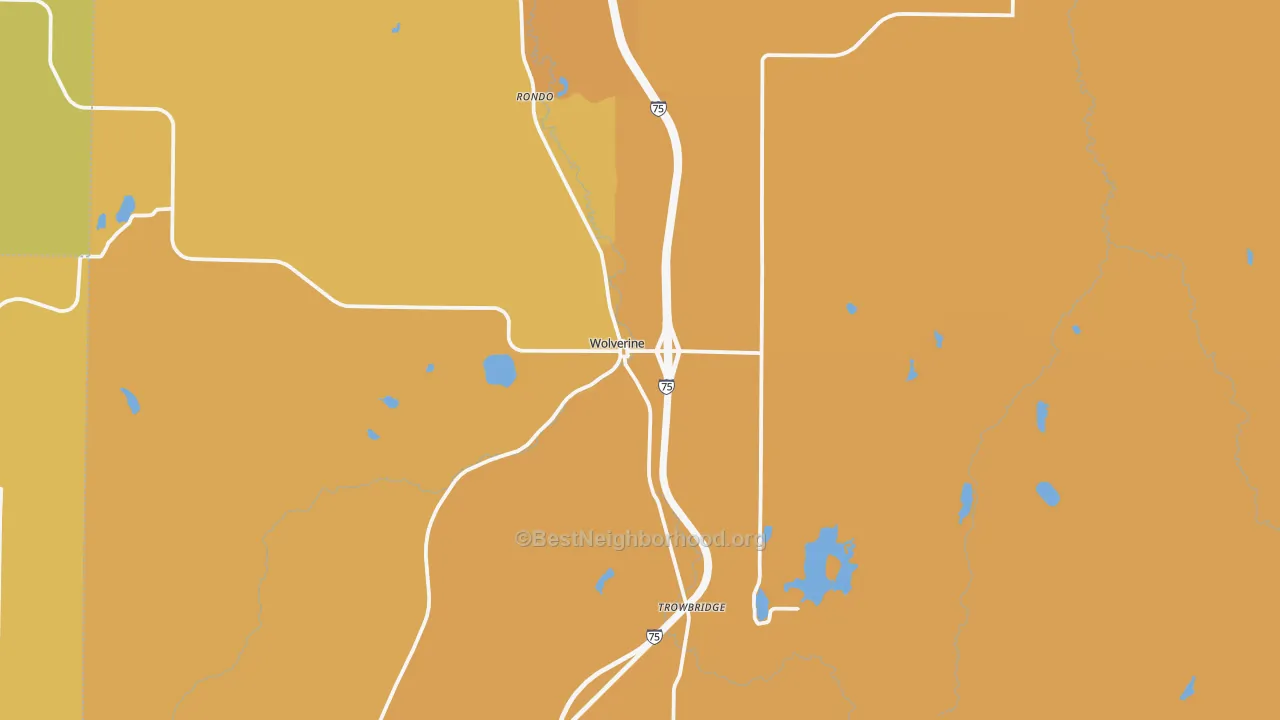 Map of the best neighborhoods in the 49799 area, with better matches in green and worse matches in red