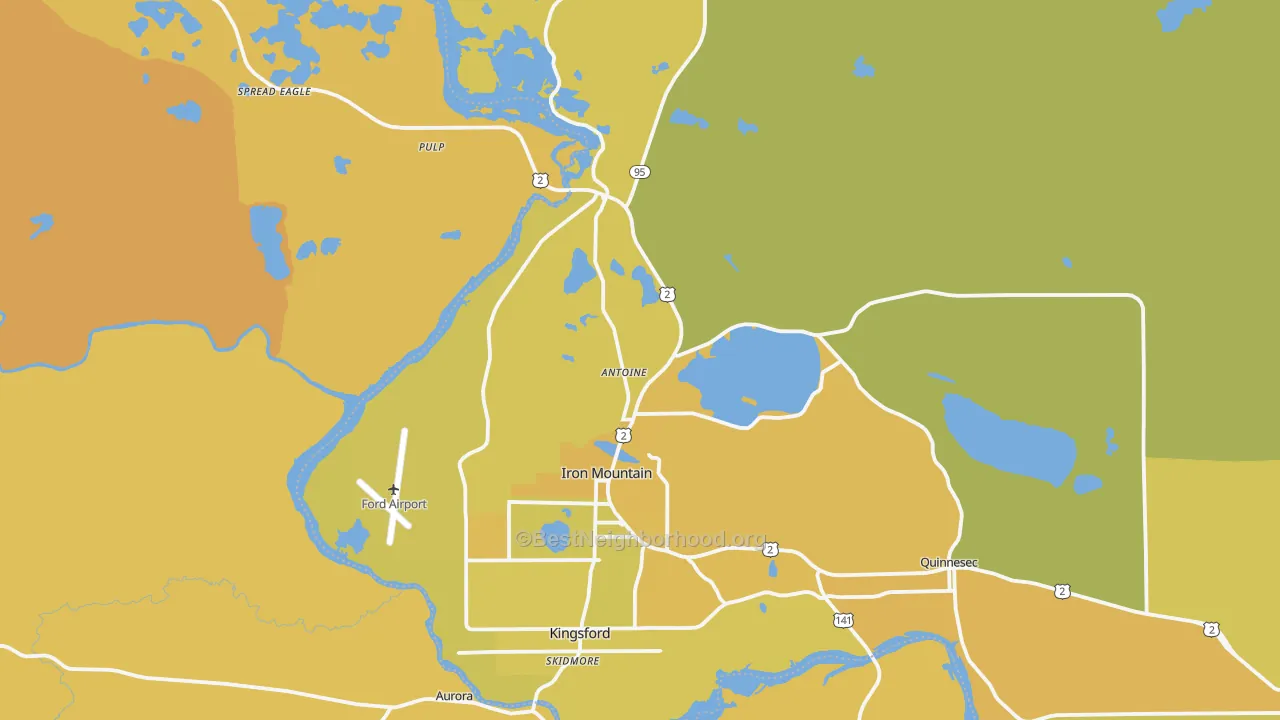 Map of the best neighborhoods in the 49801 area, with better matches in green and worse matches in red
