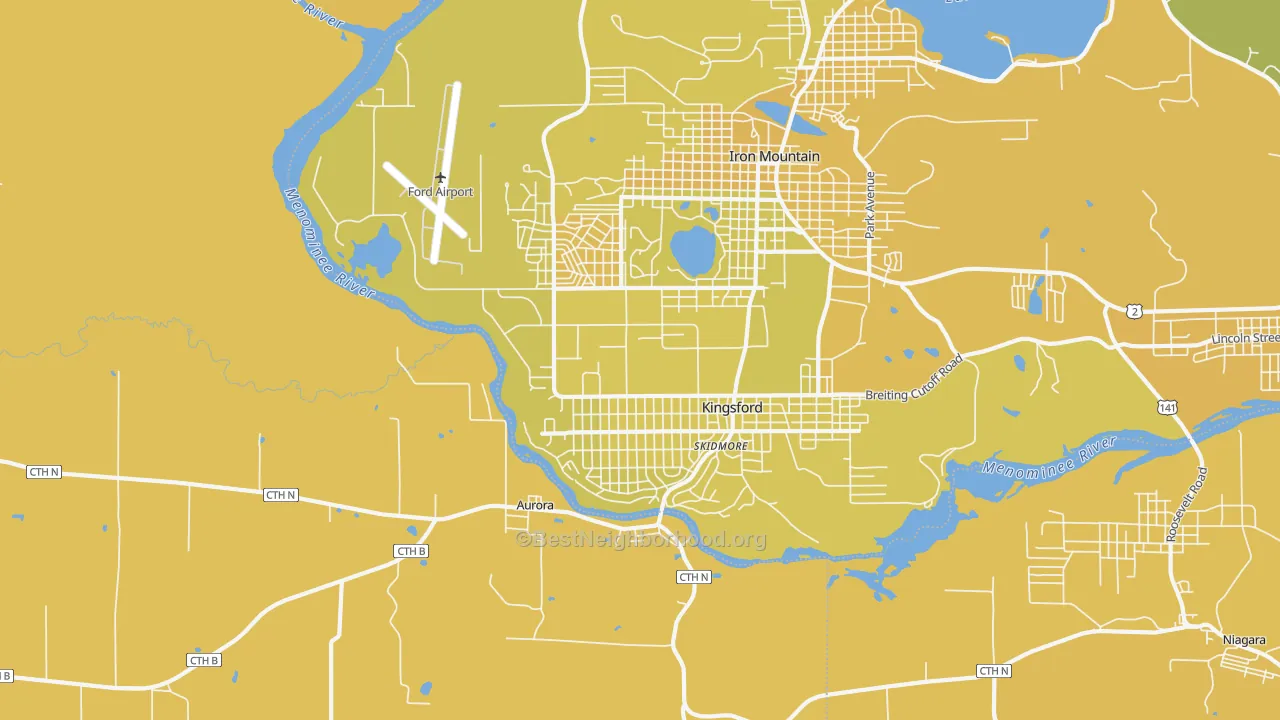 Map of the best neighborhoods in the 49802 area, with better matches in green and worse matches in red