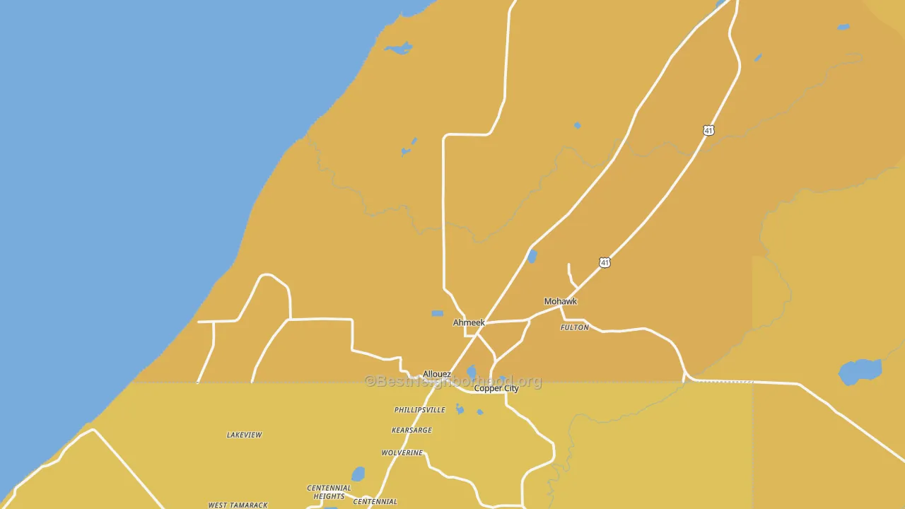 Map of the best neighborhoods in the 49805 area, with better matches in green and worse matches in red