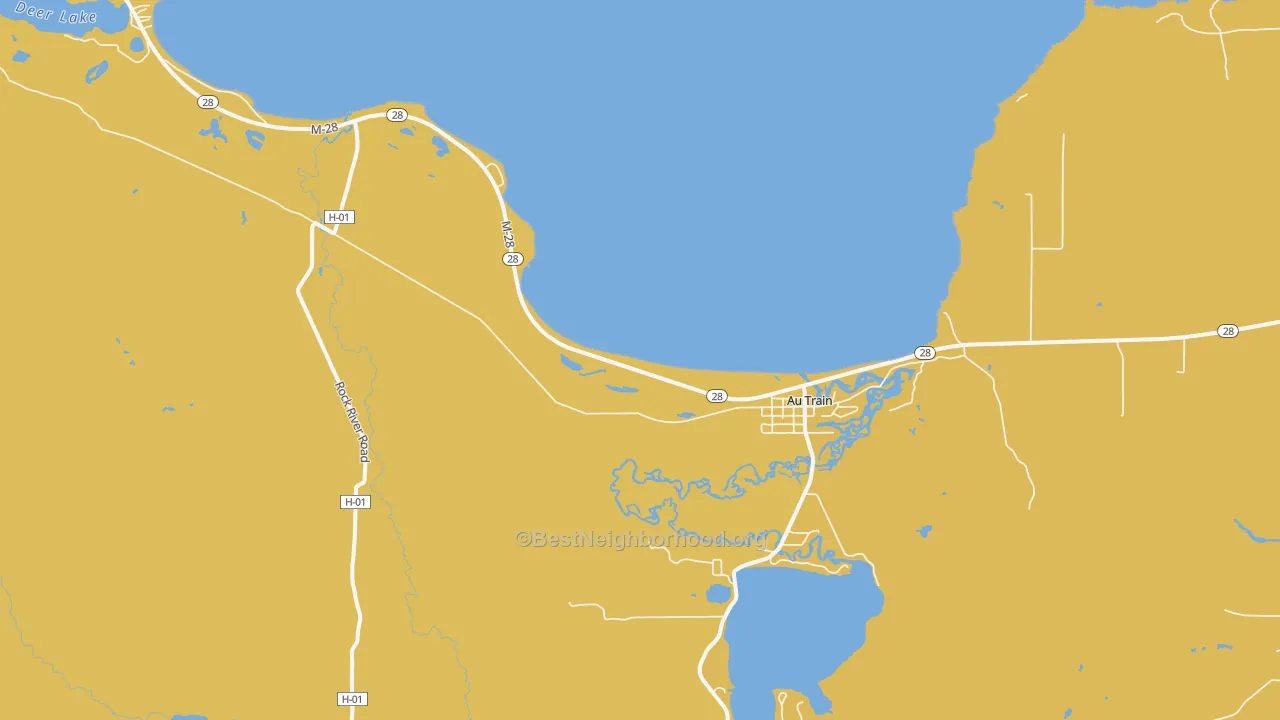 Map of the best neighborhoods in the 49806 area, with better matches in green and worse matches in red