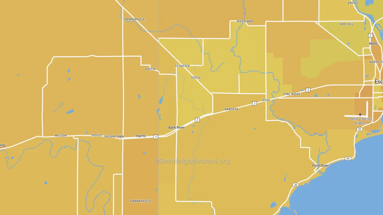 Map of the best neighborhoods in the 49807 area, with better matches in green and worse matches in red