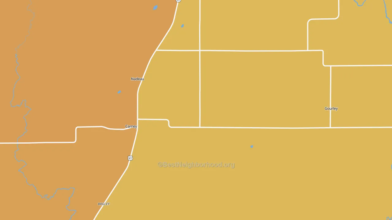 Map of the best neighborhoods in the 49812 area, with better matches in green and worse matches in red