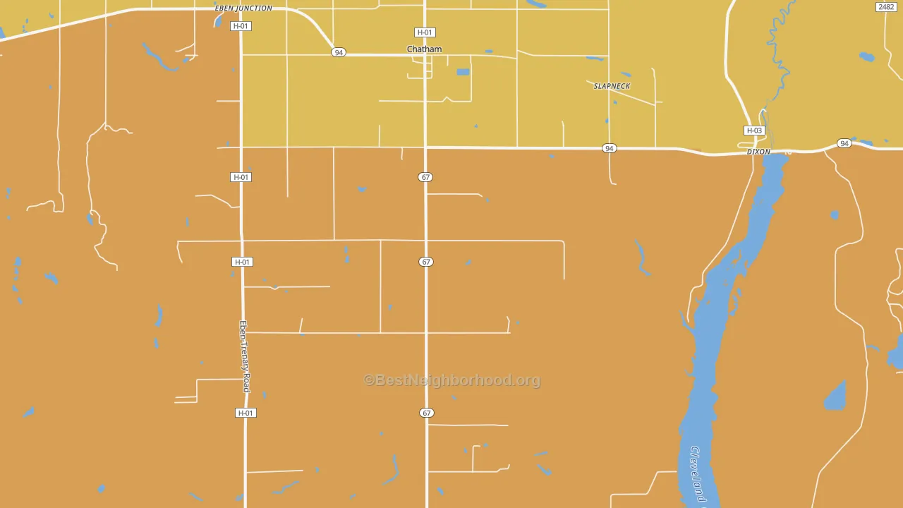 Map of the best neighborhoods in the 49816 area, with better matches in green and worse matches in red