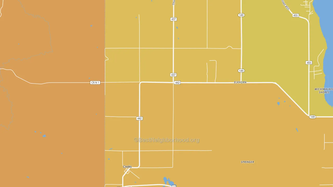 Map of the best neighborhoods in the 49817 area, with better matches in green and worse matches in red