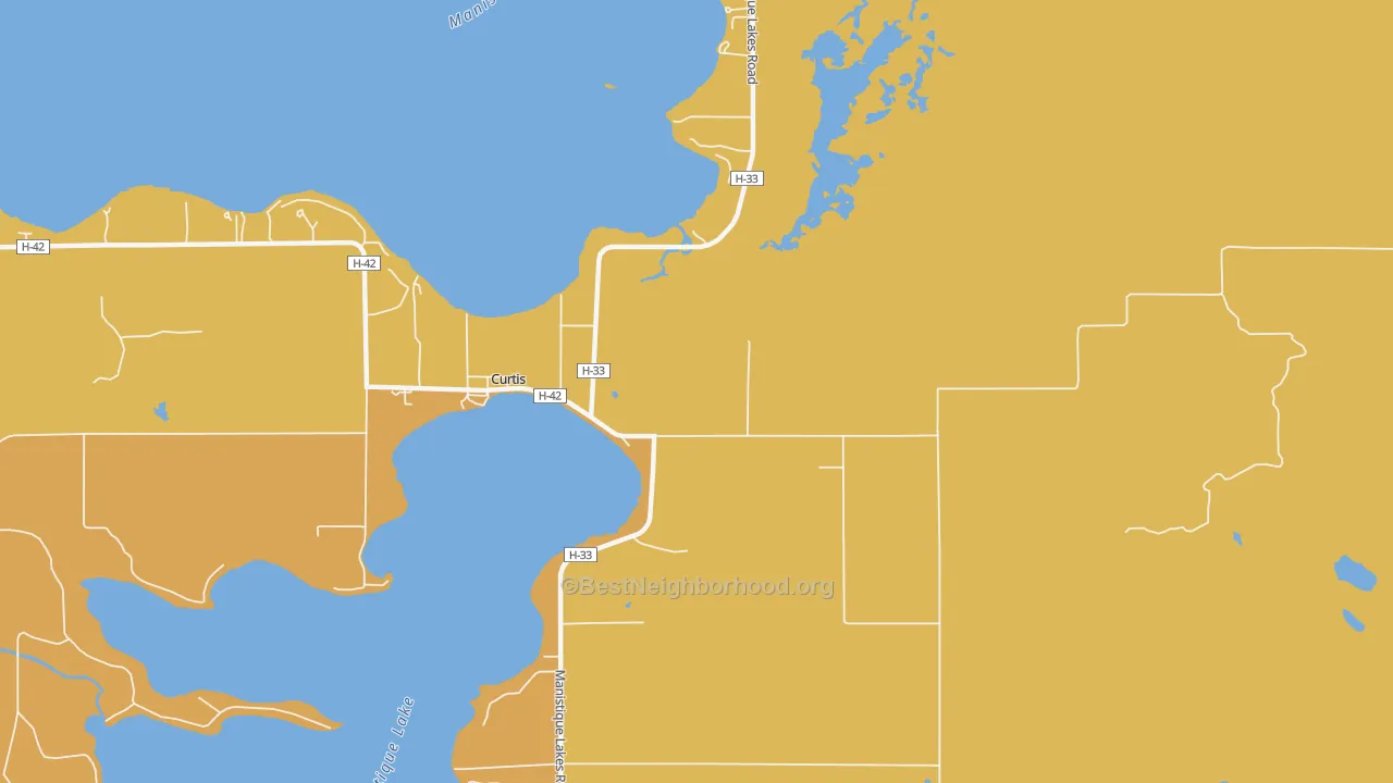 Map of the best neighborhoods in the 49820 area, with better matches in green and worse matches in red
