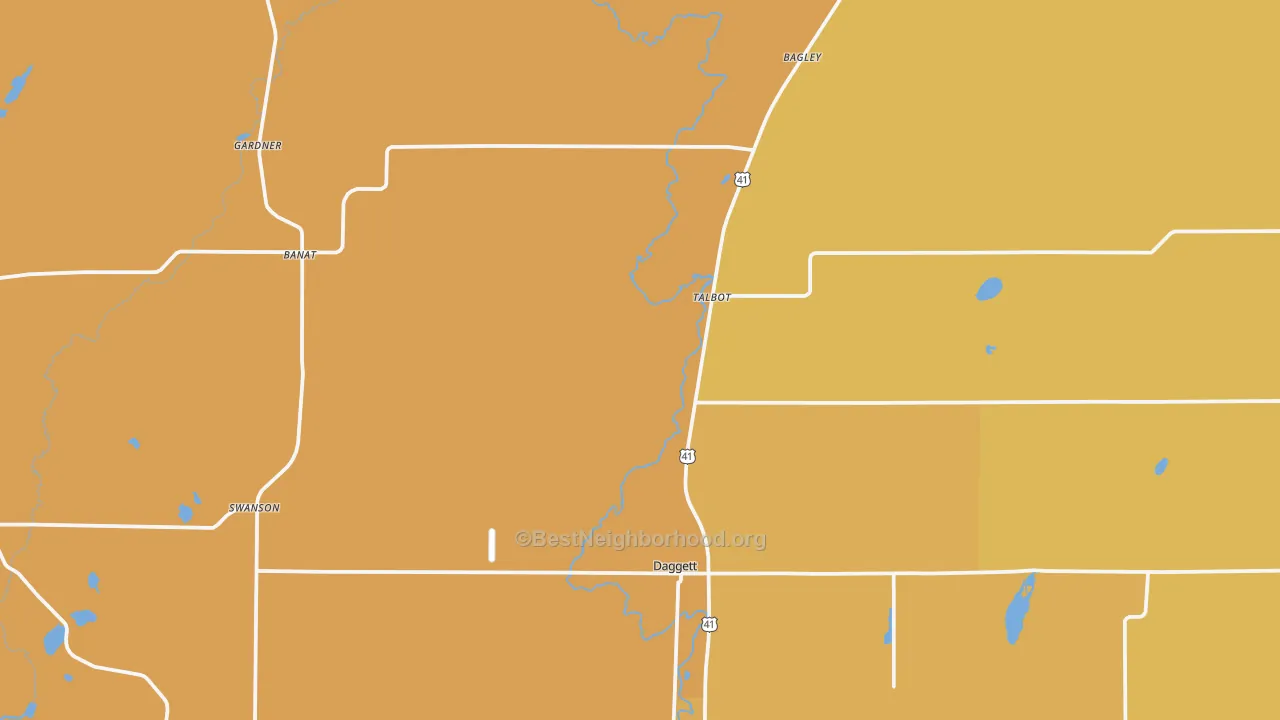 Map of the best neighborhoods in the 49821 area, with better matches in green and worse matches in red