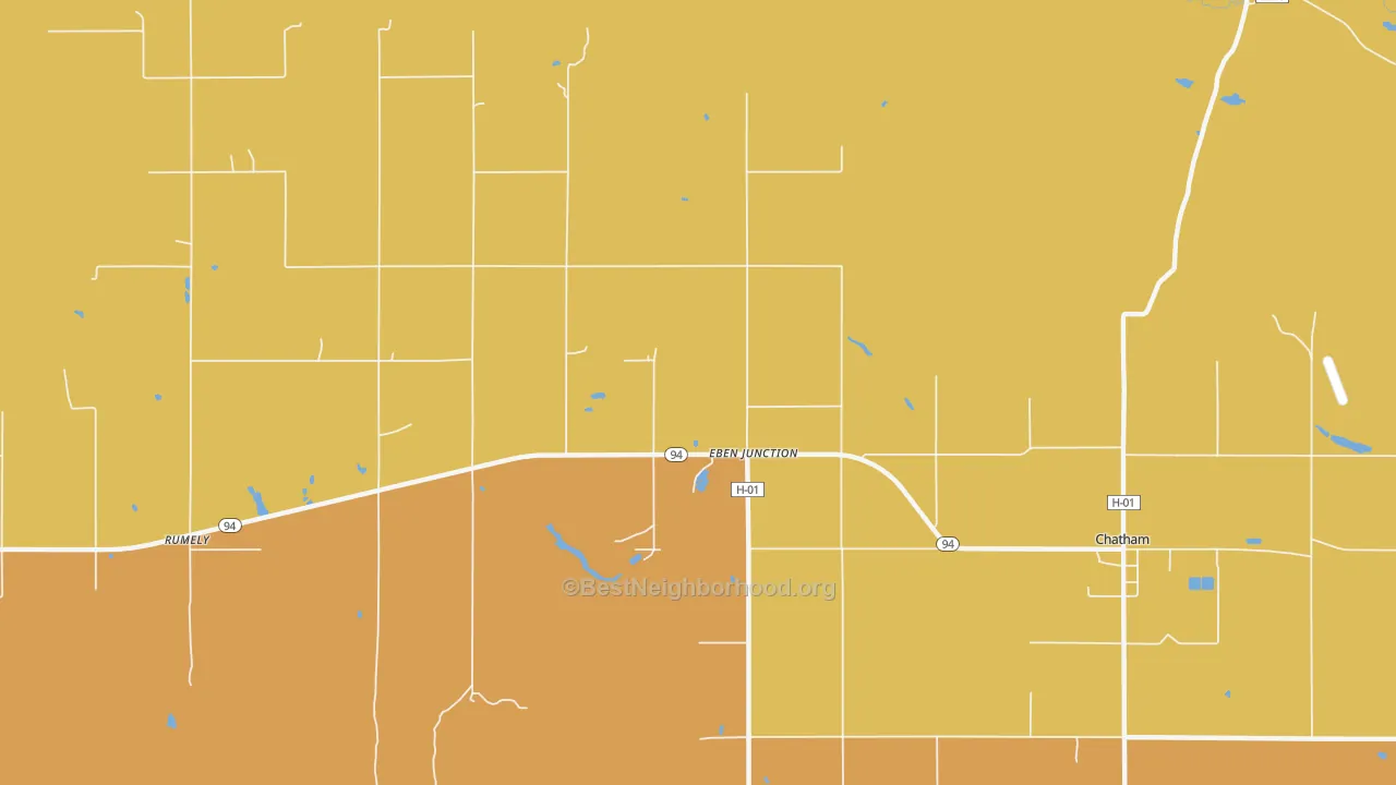 Map of the best neighborhoods in the 49825 area, with better matches in green and worse matches in red