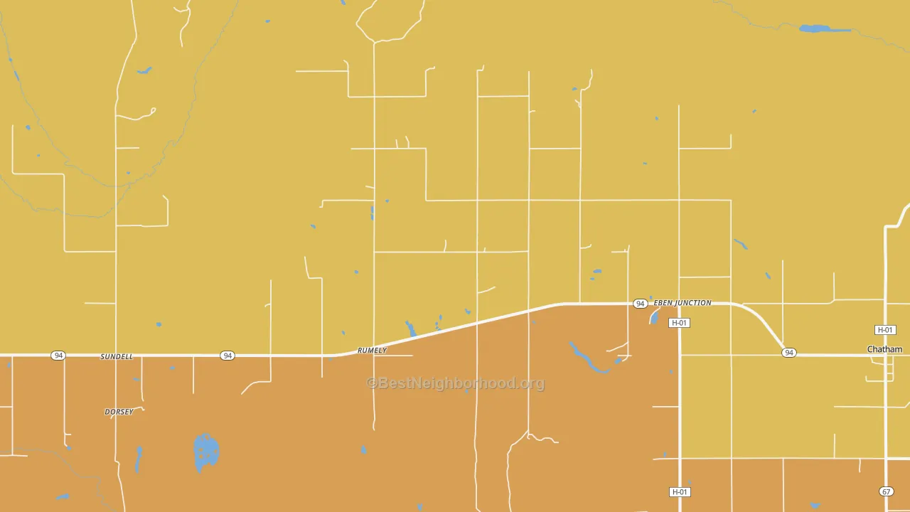 Map of the best neighborhoods in the 49826 area, with better matches in green and worse matches in red