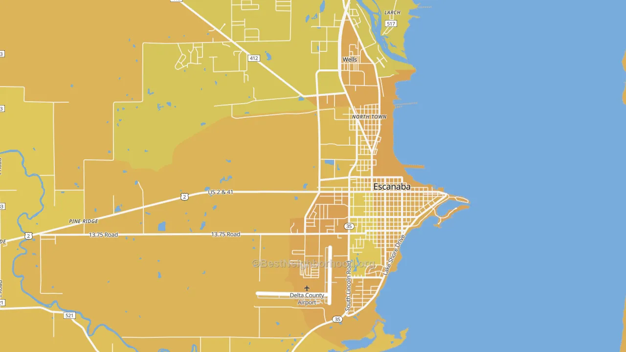Map of the best neighborhoods in the 49829 area, with better matches in green and worse matches in red