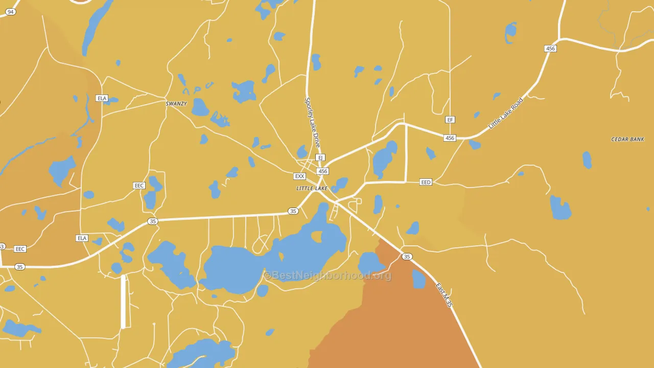 Map of the best neighborhoods in the 49833 area, with better matches in green and worse matches in red