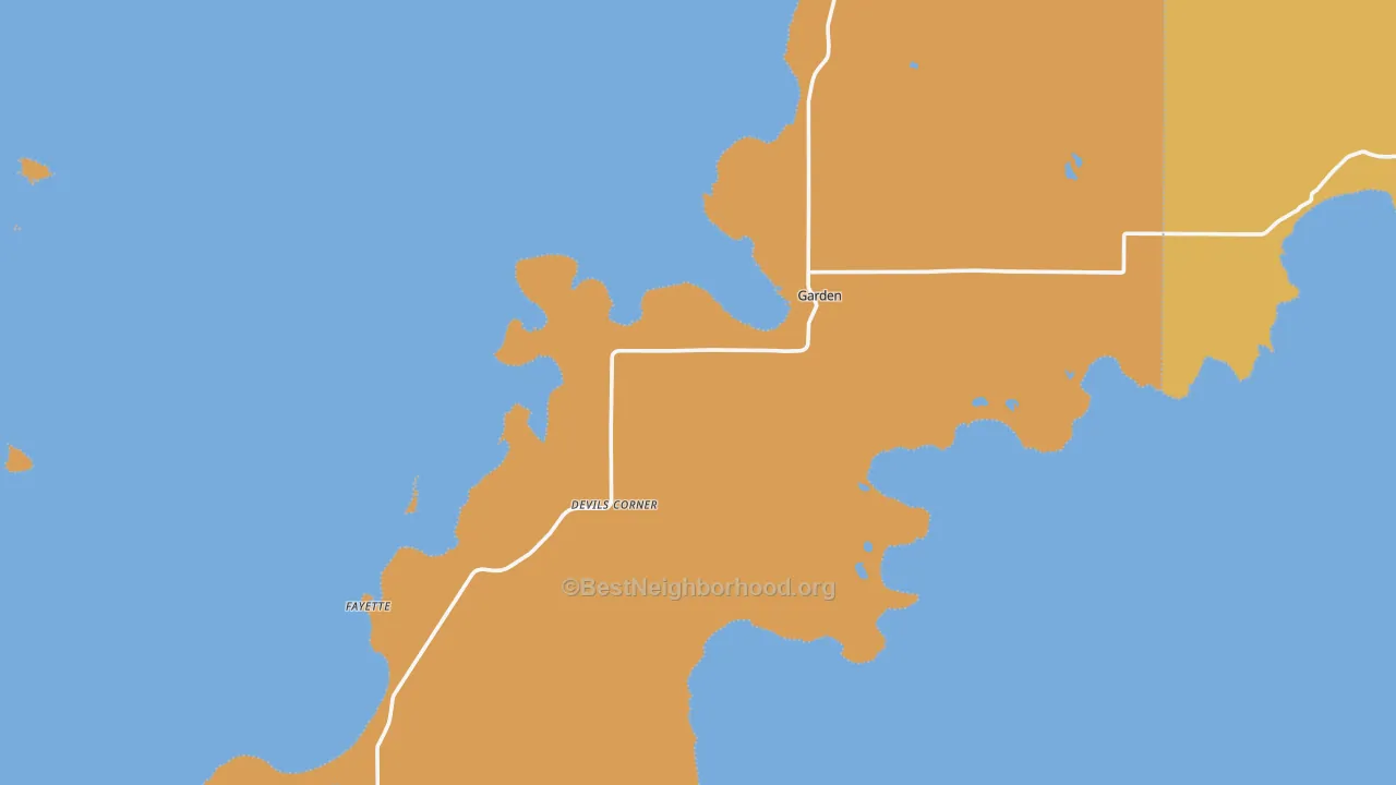 Map of the best neighborhoods in the 49835 area, with better matches in green and worse matches in red