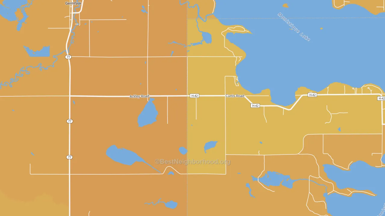 Map of the best neighborhoods in the 49836 area, with better matches in green and worse matches in red