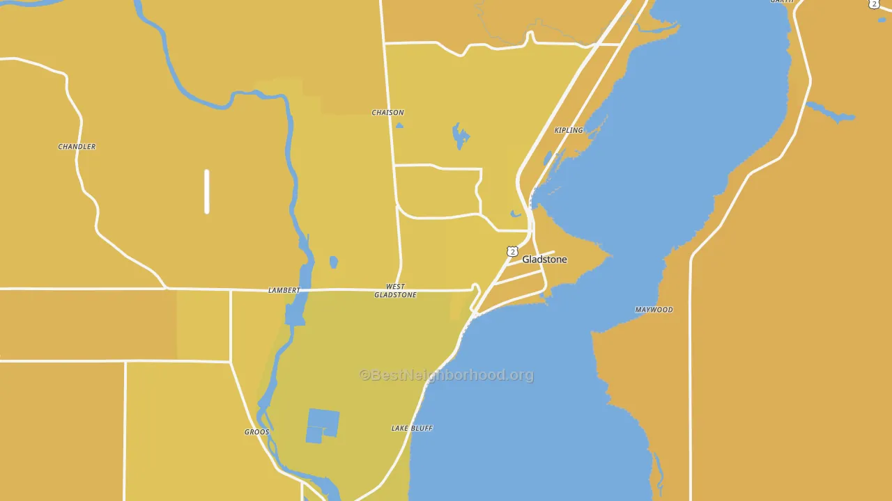 Map of the best neighborhoods in the 49837 area, with better matches in green and worse matches in red