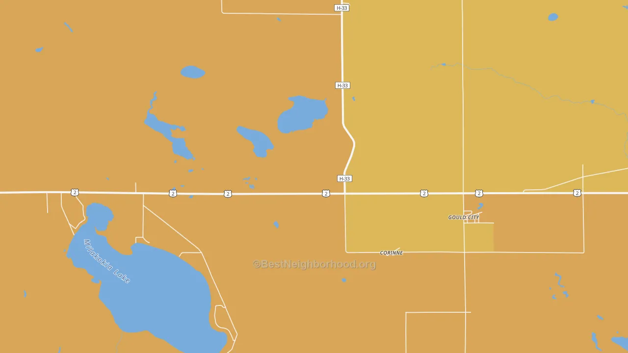Map of the best neighborhoods in the 49838 area, with better matches in green and worse matches in red