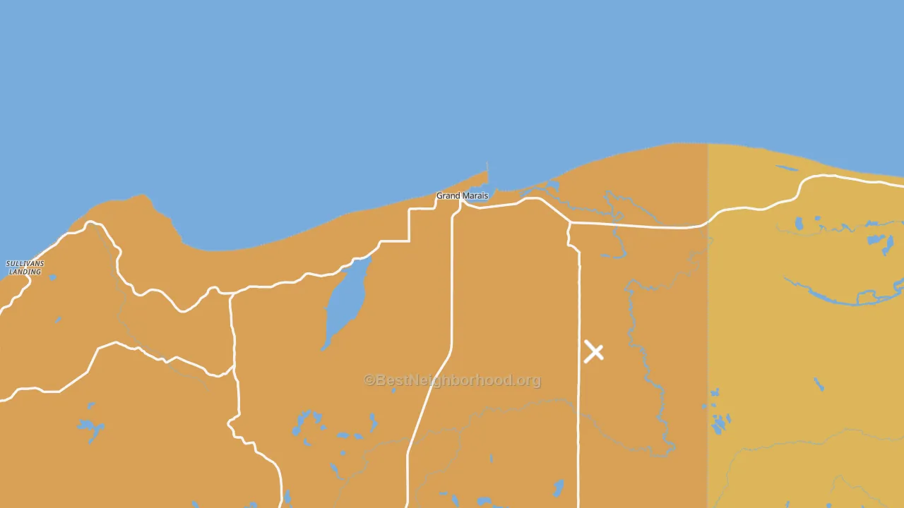 Map of the best neighborhoods in the 49839 area, with better matches in green and worse matches in red