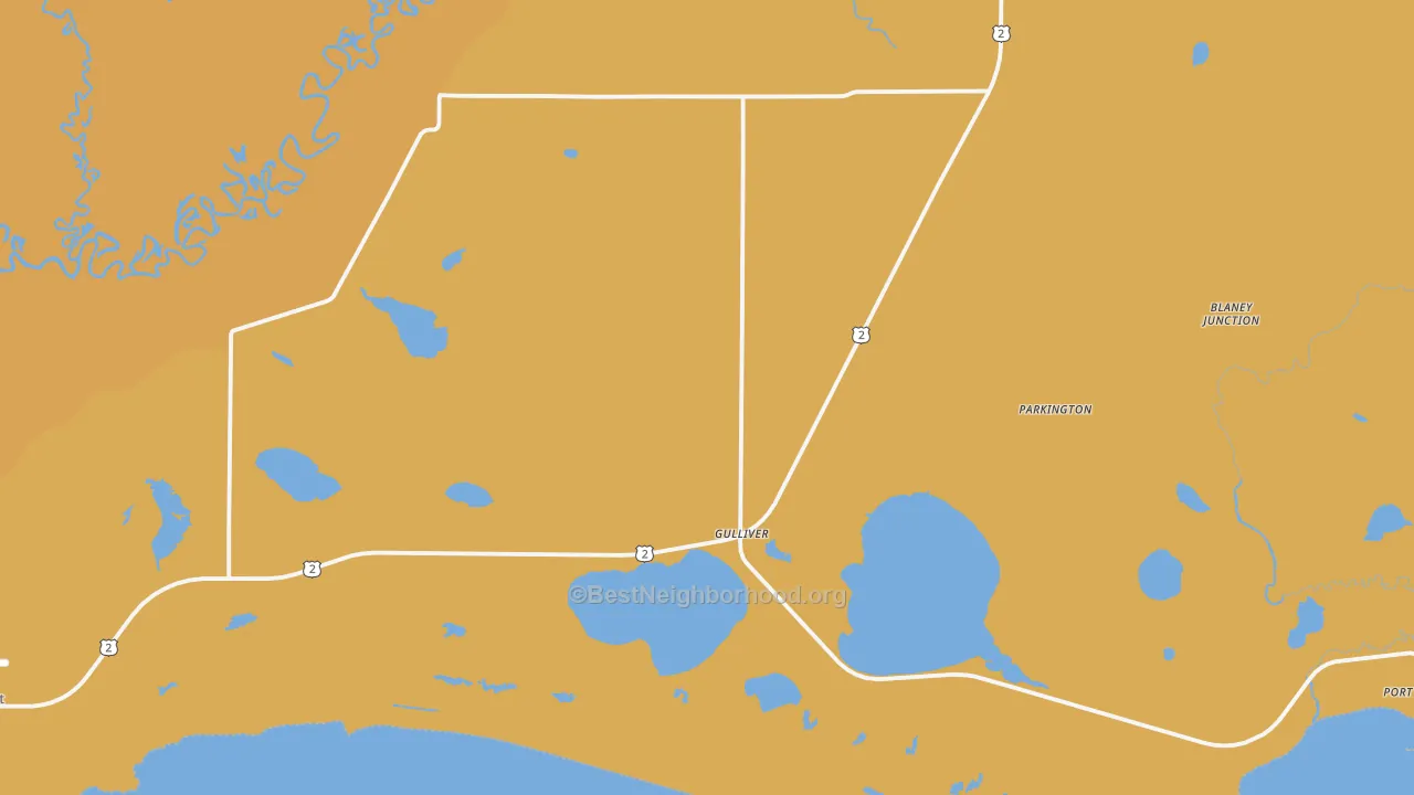 Map of the best neighborhoods in the 49840 area, with better matches in green and worse matches in red