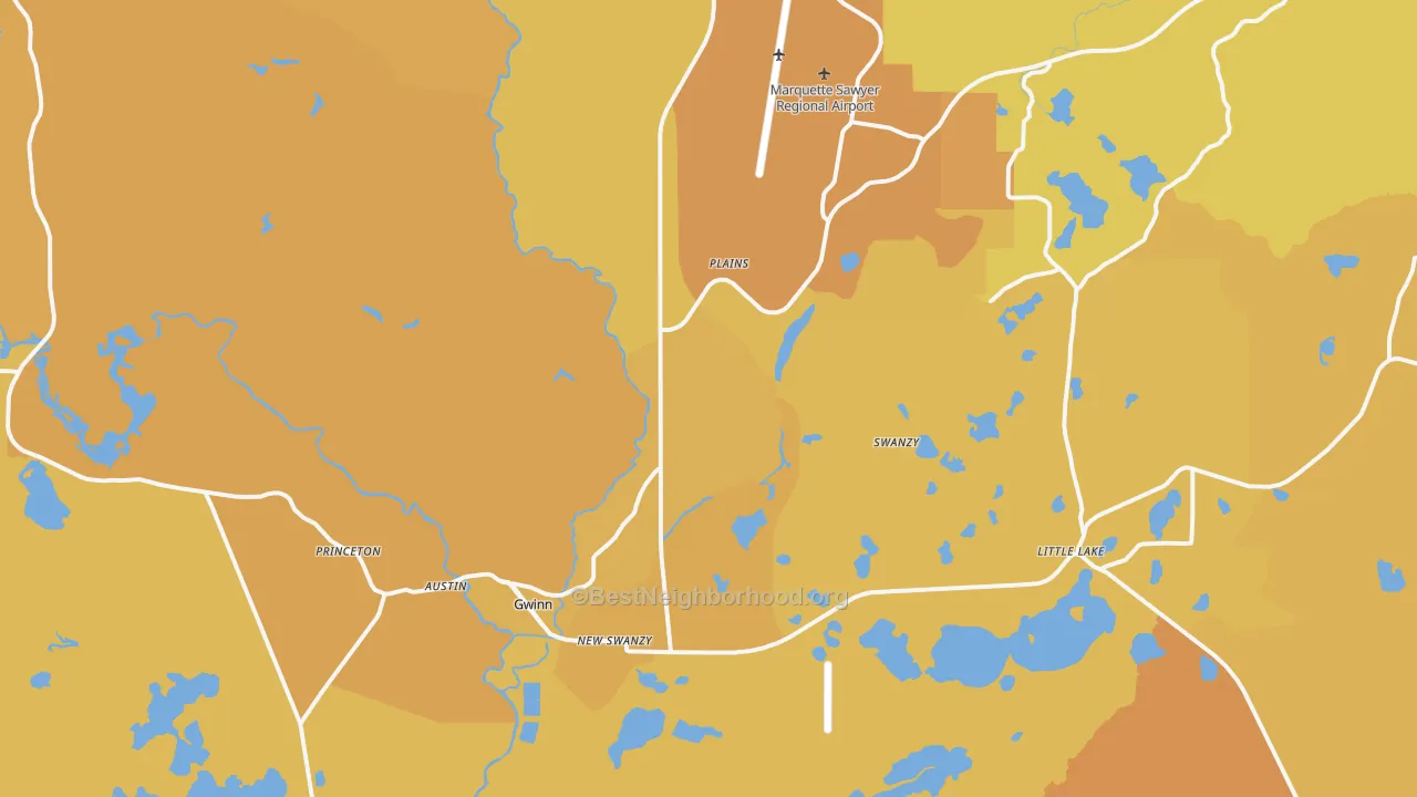 Map of the best neighborhoods in the 49841 area, with better matches in green and worse matches in red
