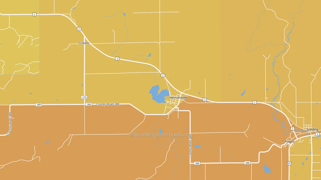 Map of the best neighborhoods in the 49847 area, with better matches in green and worse matches in red