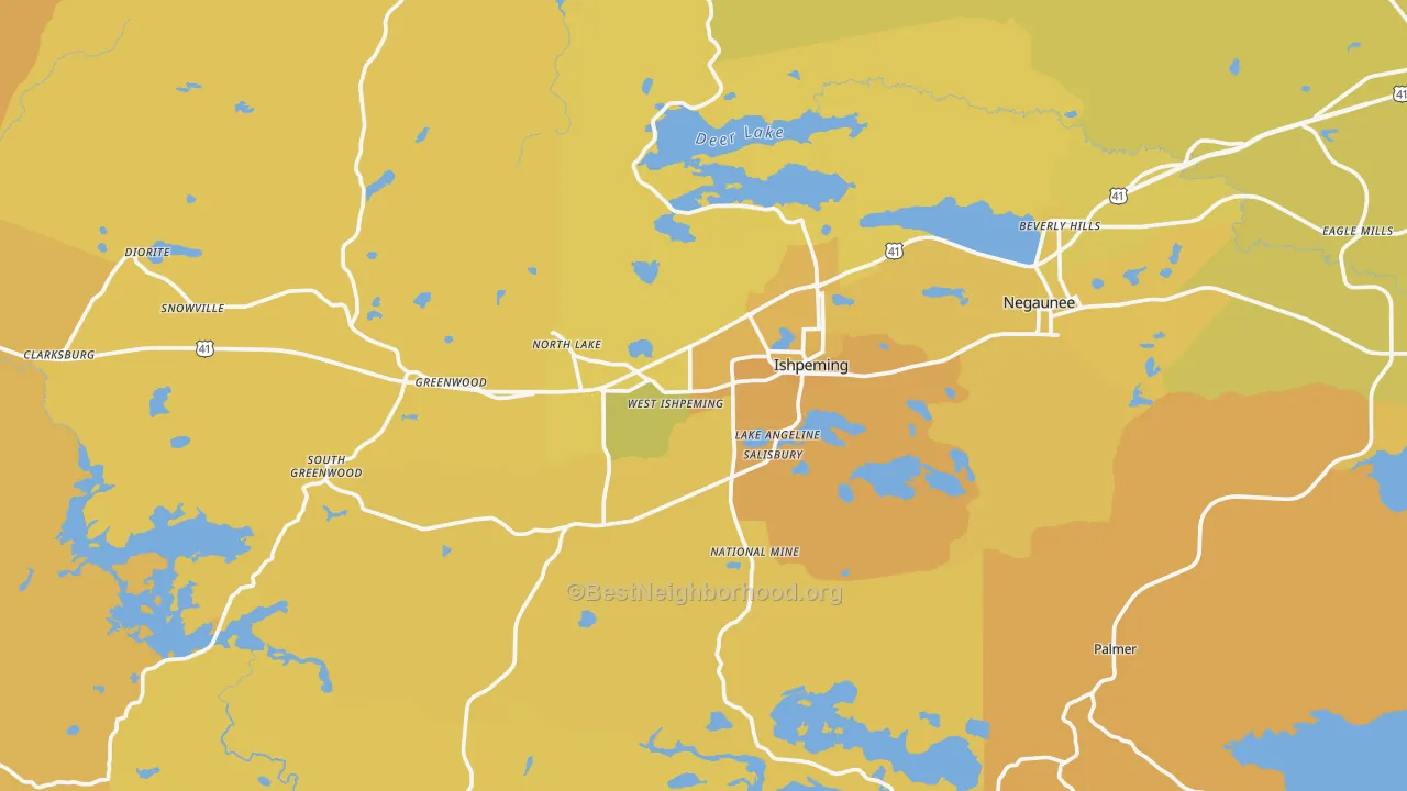 Map of the best neighborhoods in the 49849 area, with better matches in green and worse matches in red