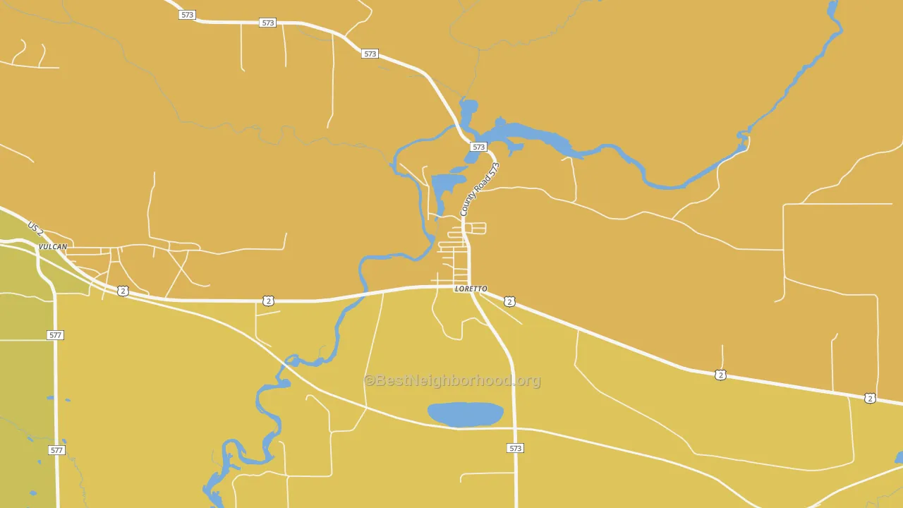 Map of the best neighborhoods in the 49852 area, with better matches in green and worse matches in red