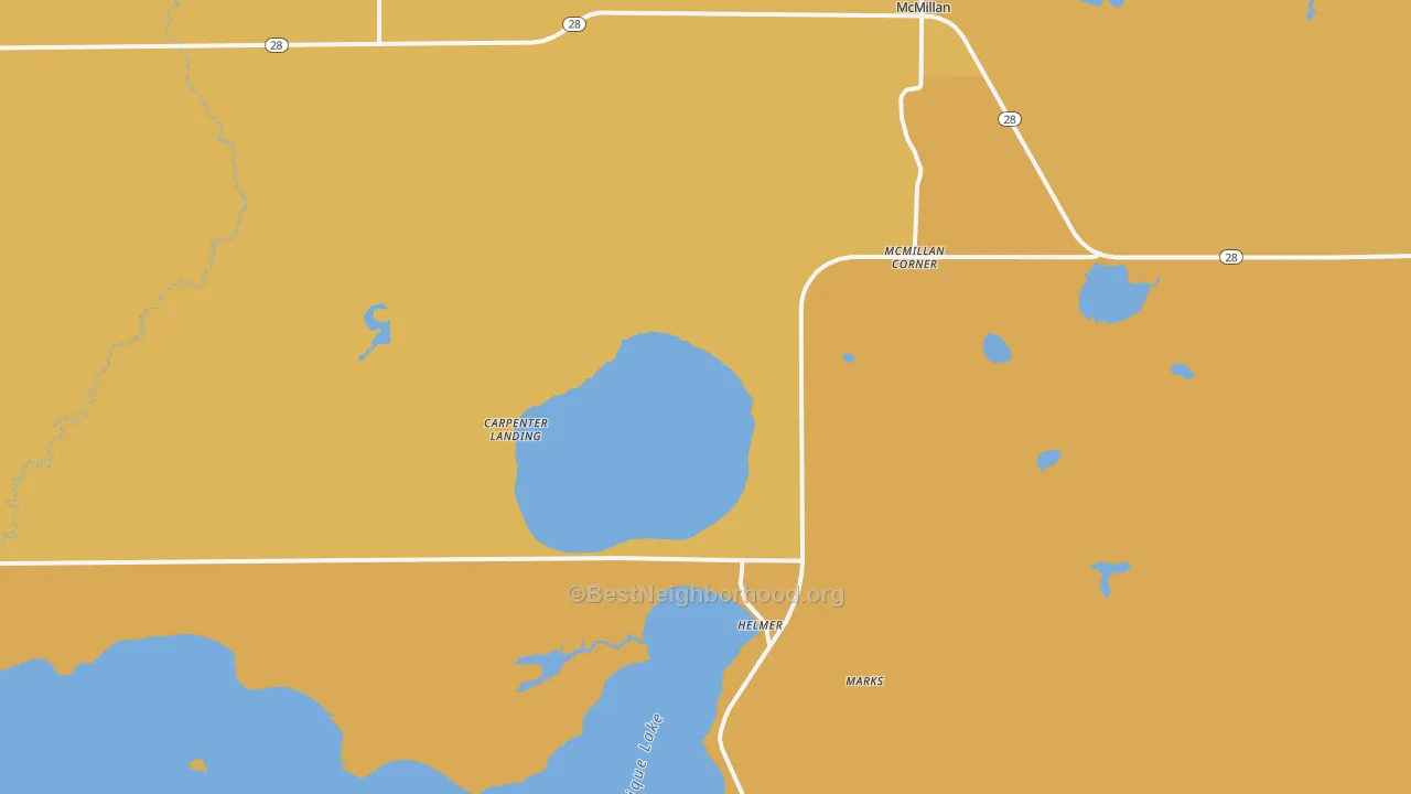 Map of the best neighborhoods in the 49853 area, with better matches in green and worse matches in red