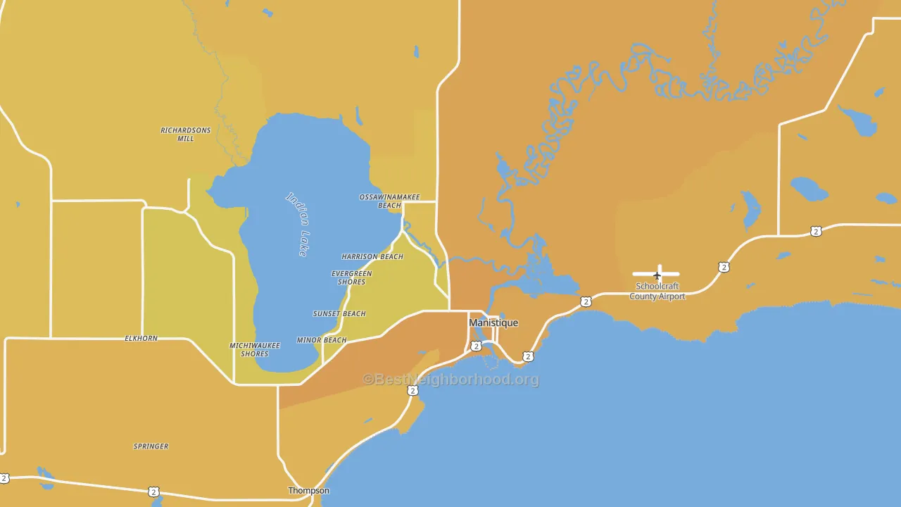 Map of the best neighborhoods in the 49854 area, with better matches in green and worse matches in red