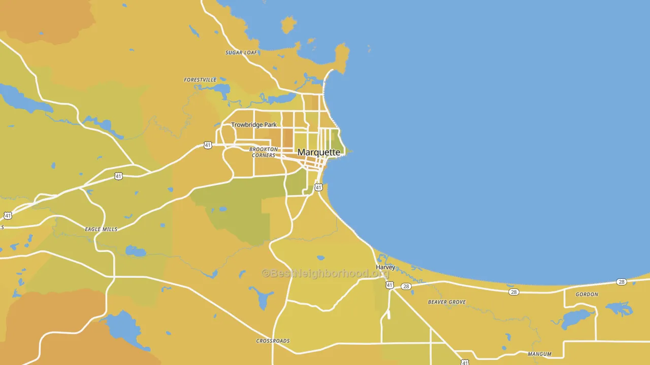 Map of the best neighborhoods in the 49855 area, with better matches in green and worse matches in red