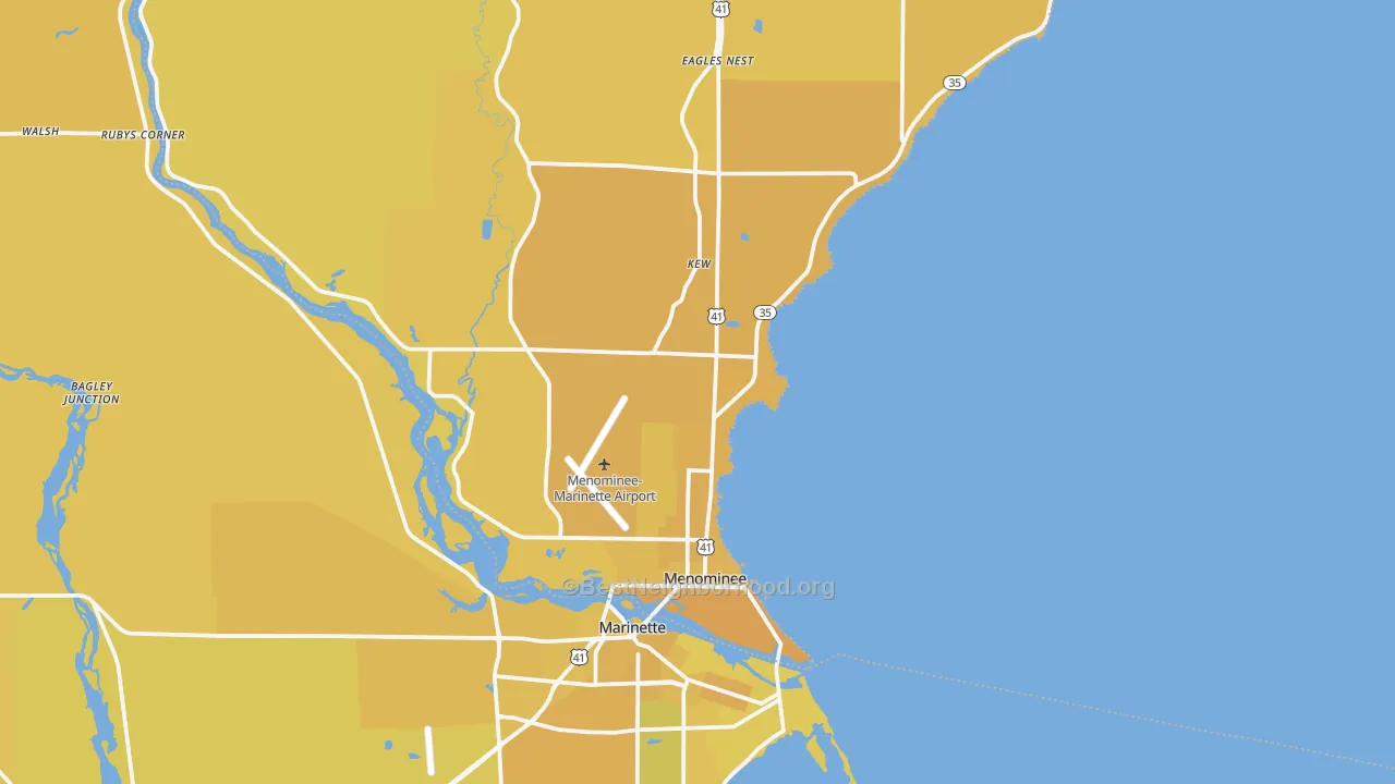 Map of the best neighborhoods in the 49858 area, with better matches in green and worse matches in red