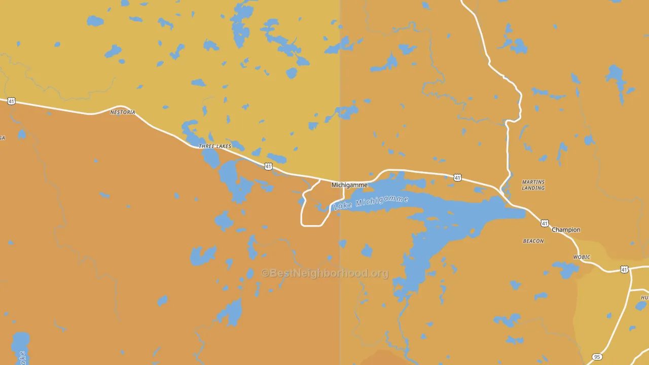 Map of the best neighborhoods in the 49861 area, with better matches in green and worse matches in red