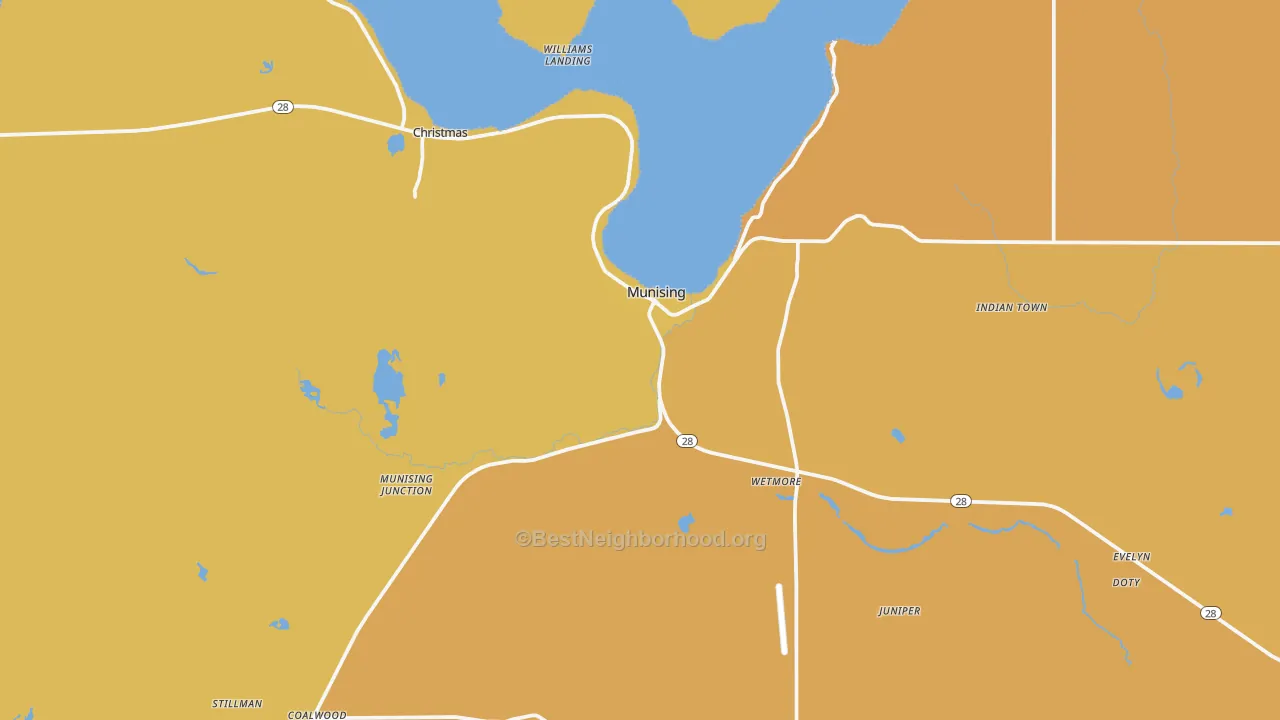 Map of the best neighborhoods in the 49862 area, with better matches in green and worse matches in red