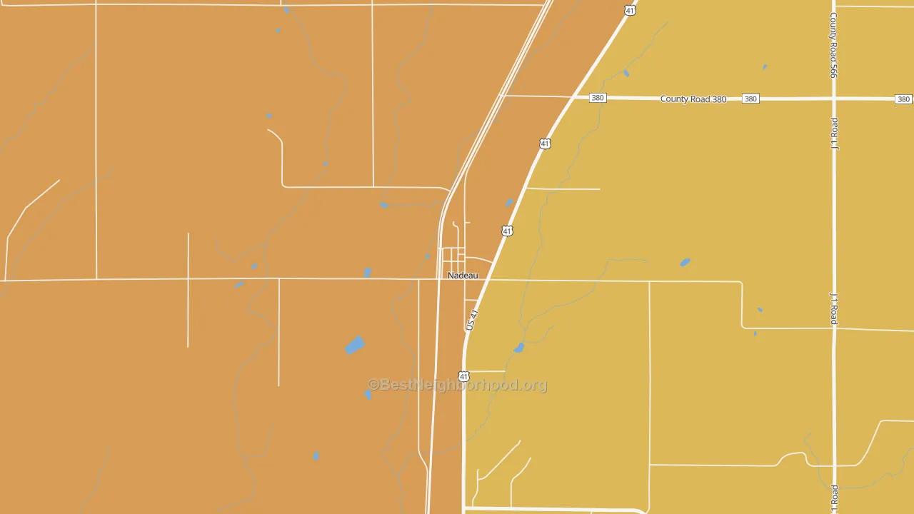 Map of the best neighborhoods in the 49863 area, with better matches in green and worse matches in red