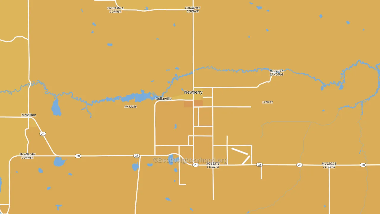 Map of the best neighborhoods in the 49868 area, with better matches in green and worse matches in red