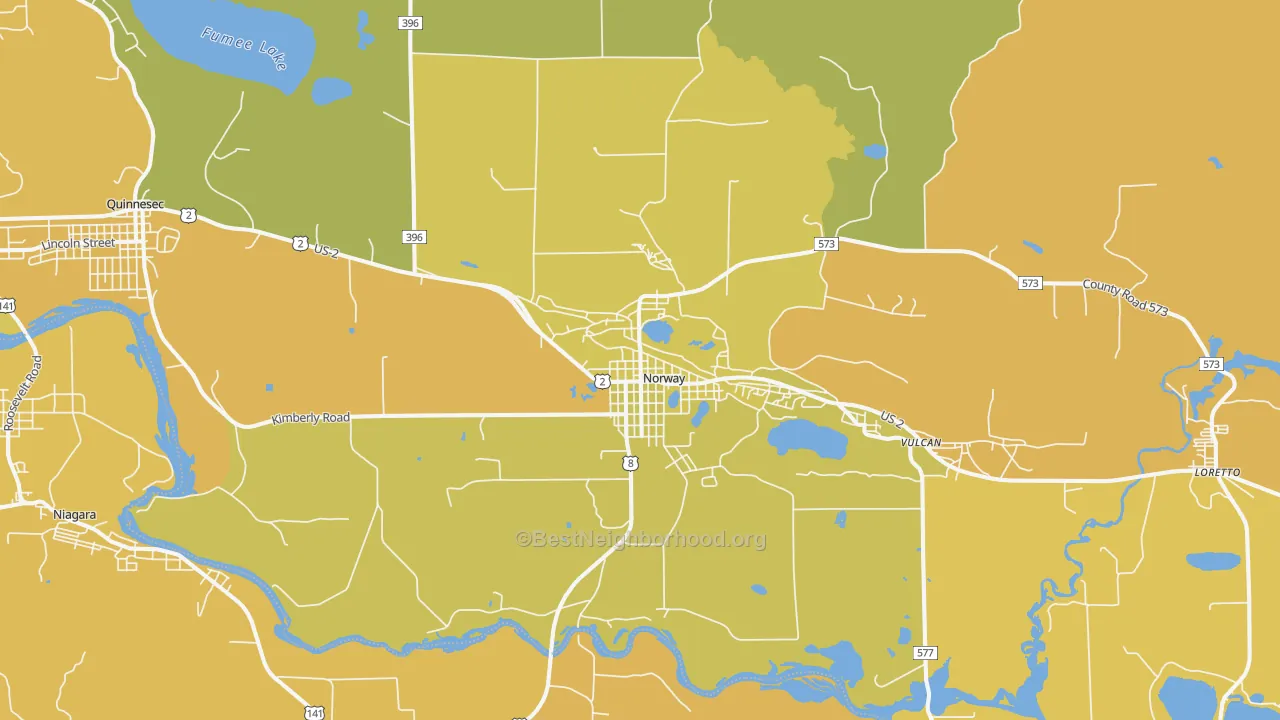 Map of the best neighborhoods in the 49870 area, with better matches in green and worse matches in red