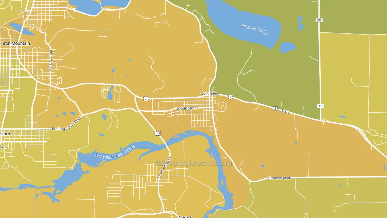 Map of the best neighborhoods in the 49876 area, with better matches in green and worse matches in red