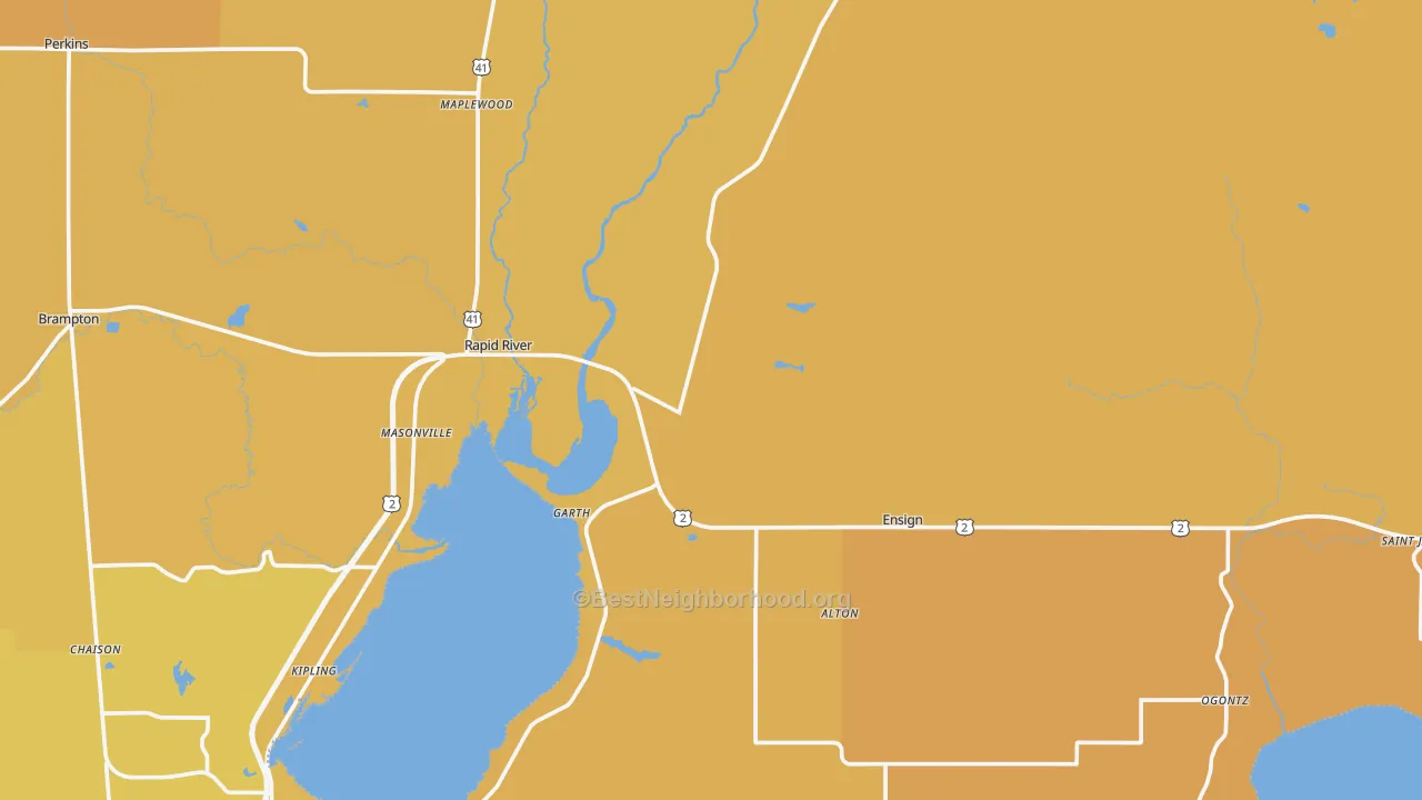 Map of the best neighborhoods in the 49878 area, with better matches in green and worse matches in red