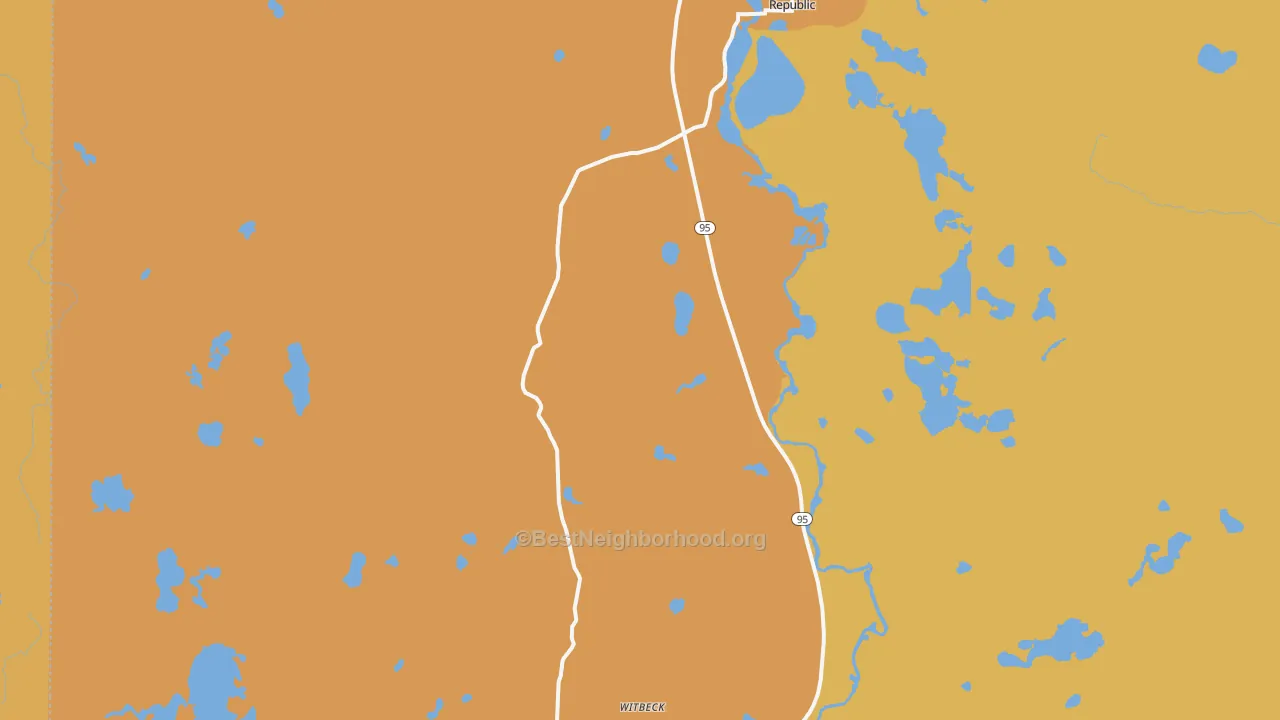 Map of the best neighborhoods in the 49879 area, with better matches in green and worse matches in red