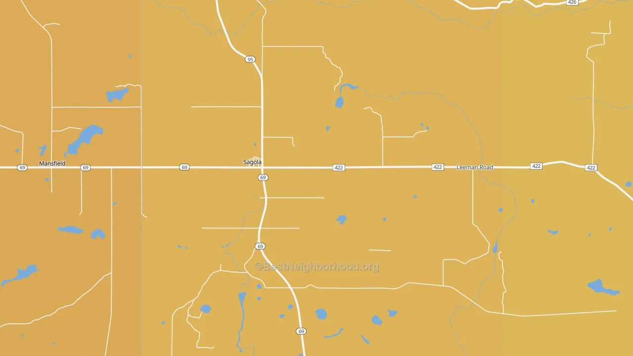 Map of the best neighborhoods in the 49881 area, with better matches in green and worse matches in red