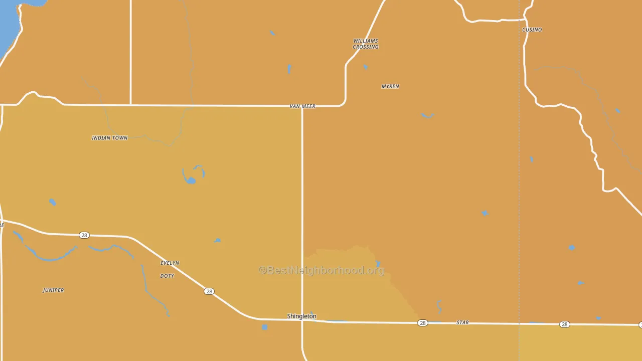 Map of the best neighborhoods in the 49884 area, with better matches in green and worse matches in red