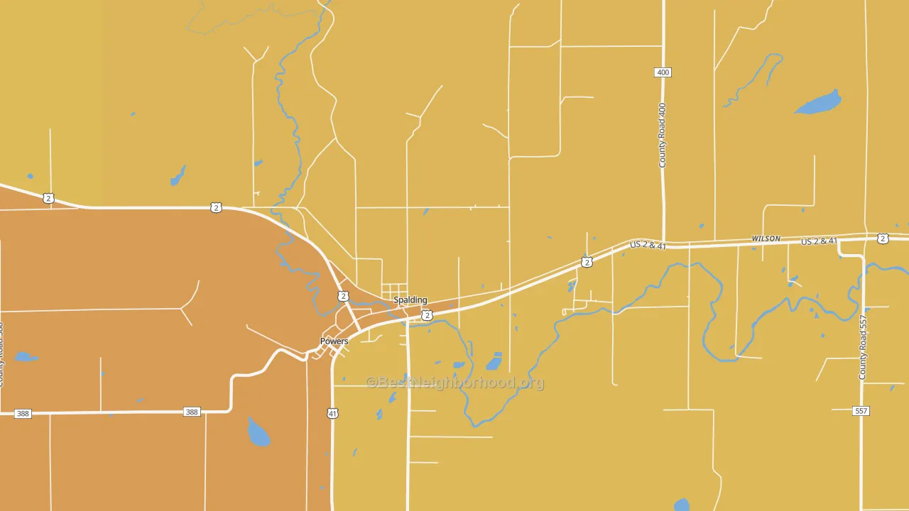 Map of the best neighborhoods in the 49886 area, with better matches in green and worse matches in red
